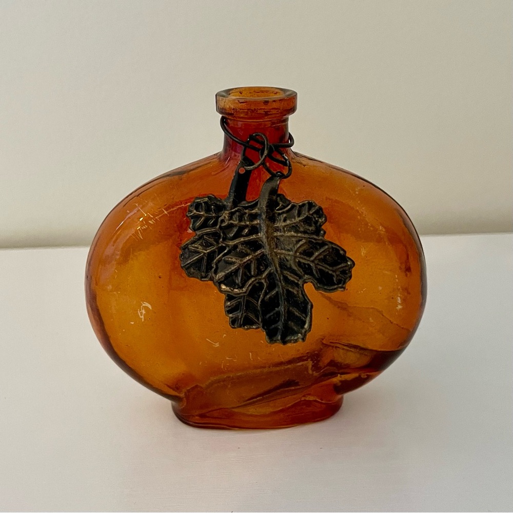 Amber Glass Bottle Vase with Leaf Charms